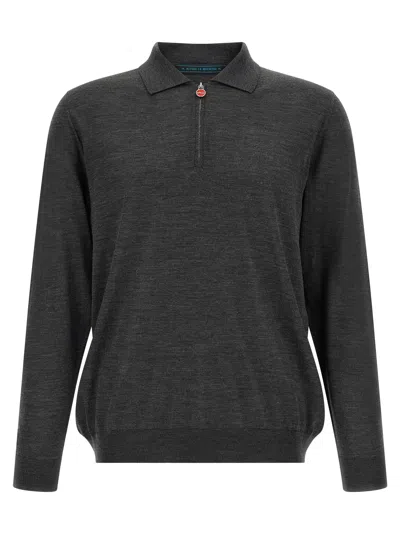 Kiton 14 Micron Wool Half-zip Polo In Charcoal