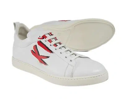 Pre-owned Kiton $1,470 White Calfskin Caiman Leather Sneakers Shoes (8.5 Eu) 9.5 Us In White & Red