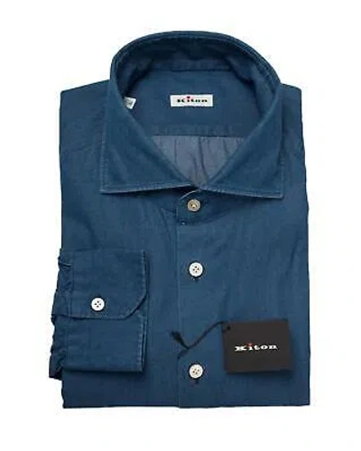 Pre-owned Kiton $995 Blue Cotton Spread Collar Slim Sport Dress Shirt (44 Eu) 17.5 Us
