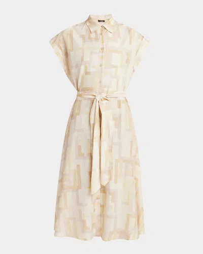 Kiton Abstract-print Cap-sleeve Belted Silk Midi Shirtdress In Beige