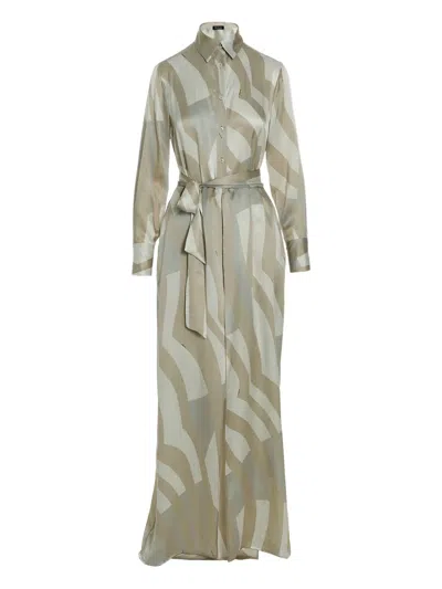 Kiton Silk Maxi Dress With Abstract Print And Pussy Bow Detail In Green