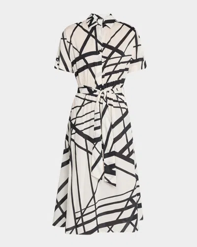 Kiton Abstract-print Short-sleeve Belted Midi Shirtdress In Wht Mult