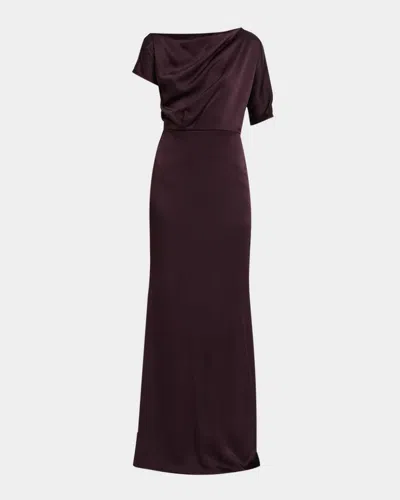 Kiton Asymmetric Draped Satin Short-sleeve Trumpet Gown In Aubergine