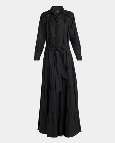 Kiton Beaded Long-sleeve Tiered Linen Maxi Shirtdress In Blk