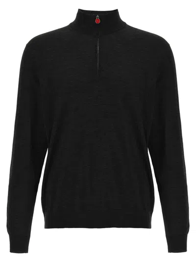 Kiton Wool Long Sleeve Polo With Ribbed Cuffs And Hem In Black