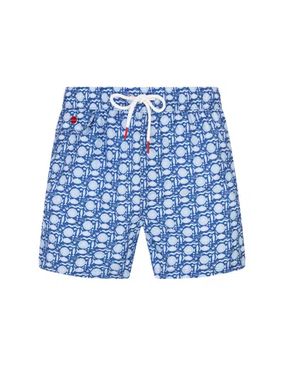 KITON BLUE SWIM SHORTS WITH FISH PATTERN