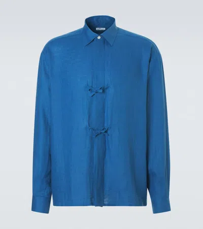 Kiton Bow-detail Linen Shirt In Blue