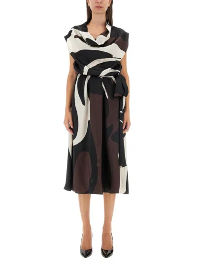 Kiton Brown Abstract Cowl Neck Midi Dress In Multi