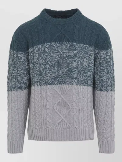 Kiton Cable Knit Color Block Crew Neck Sweater In Blue