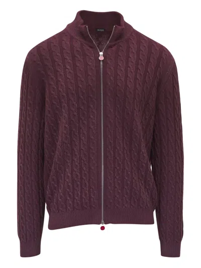 Kiton Cable-knit Zip-front Cardigan In Burgundy