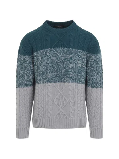 Kiton Cable Knit Color Block Crew Neck Sweater In Blue