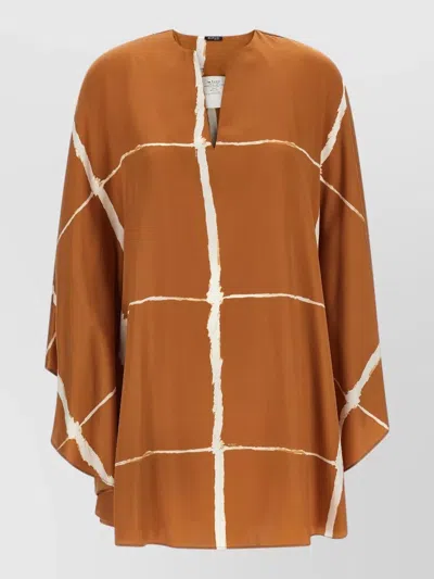 Kiton Caftan Dress Blouse Abstract Pattern In Brown