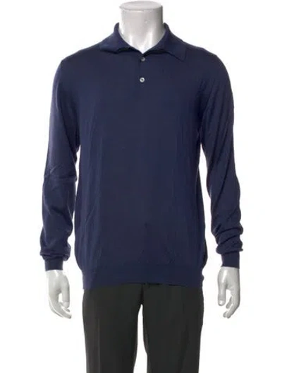 Pre-owned Kiton Cashmere Collar Polo Sweater In Blue