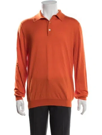Pre-owned Kiton Cashmere Collar Polo Sweater In Orange