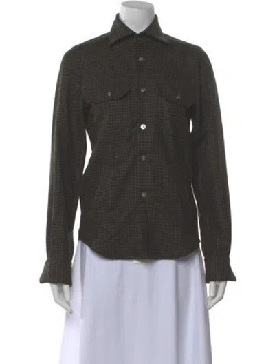 Pre-owned Kiton Cashmere Houndstooth Print Button-up Top In Green