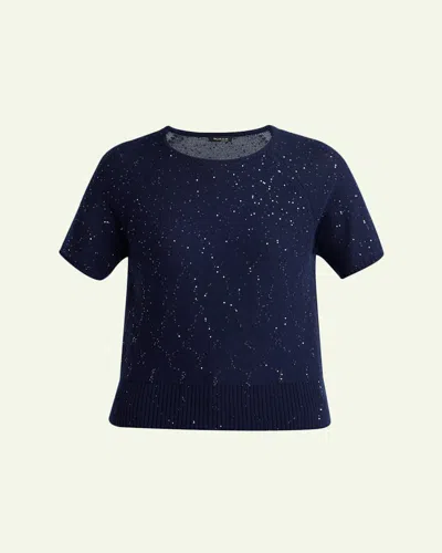 Kiton Cashmere Paillette Short-sleeve Crewneck Sweater In Blue
