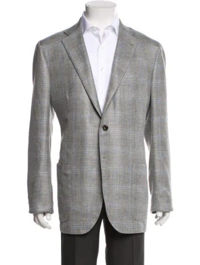 Pre-owned Kiton Cashmere Plaid Print Overcoat In Blue