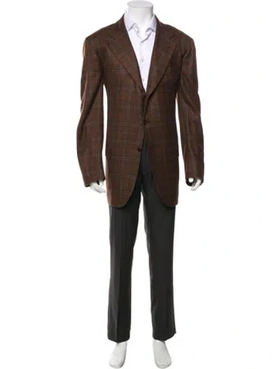 Pre-owned Kiton Cashmere Plaid Print Overcoat In Brown