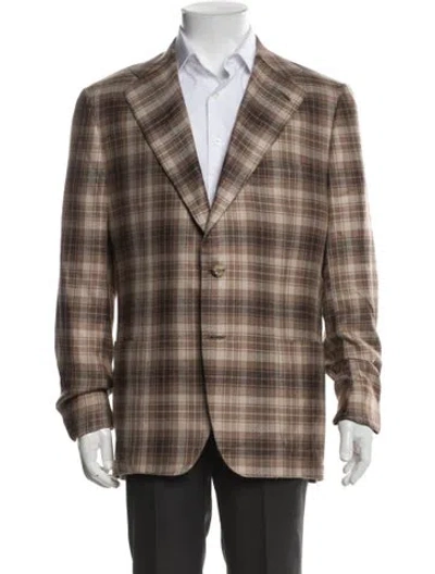 Pre-owned Kiton Cashmere Plaid Print Peacoat W/ Tags In Brown
