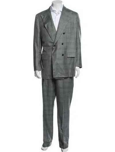 Pre-owned Kiton Cashmere Plaid Print Two-piece Blazer In Green/grey
