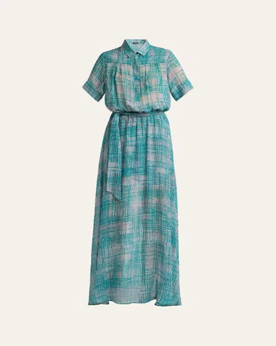 Kiton Check Silk Georgette Short-sleeve Maxi Shirtdress In Gray