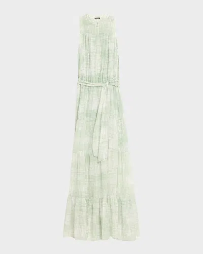 Kiton Check Silk Tie-waist Tiered Maxi Dress In Green