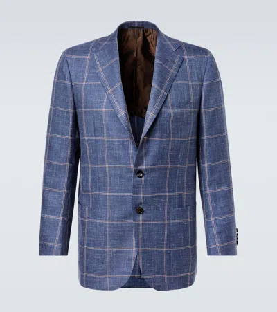 Kiton Checked Cashmere, Wool, Silk, And Linen Blazer In Blue