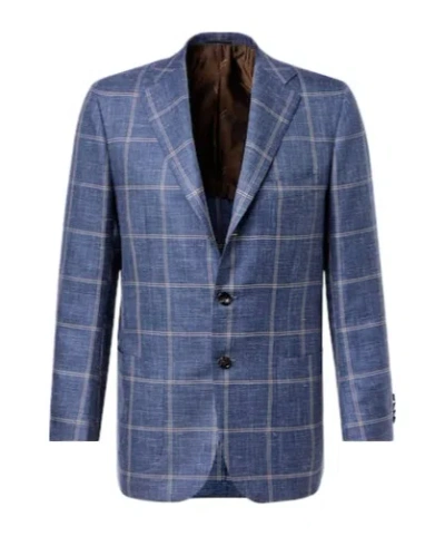 Kiton Checked Cashmere, Wool, Silk, And Linen Blazer In Blue