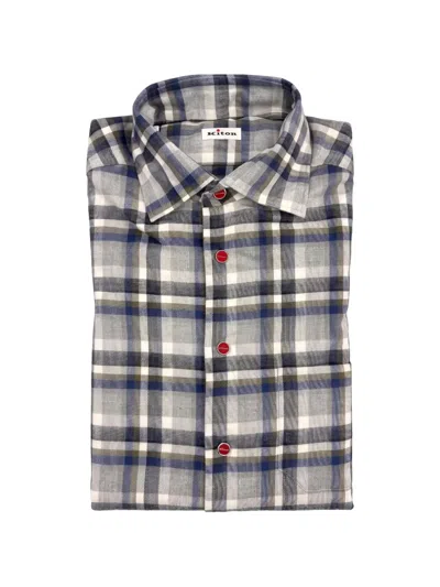 Kiton Check-print Button-down Shirt In Gray