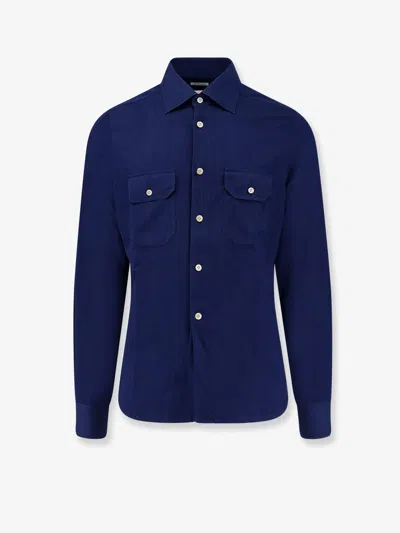 Kiton Ciro Paone Cotton Shirt With Stitched Profiles In Blue