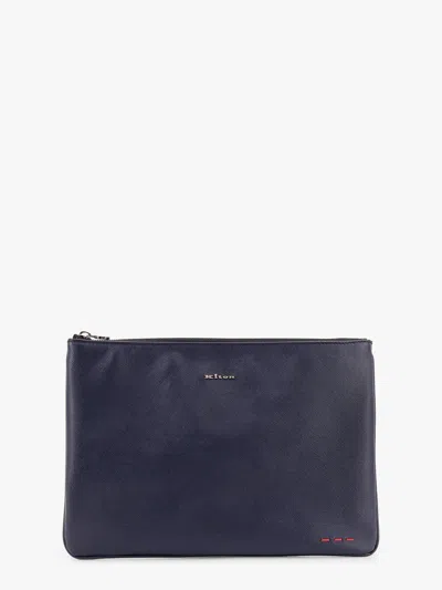 Kiton Ciro Paone Leather Clutch With Frontal Logo In Blue
