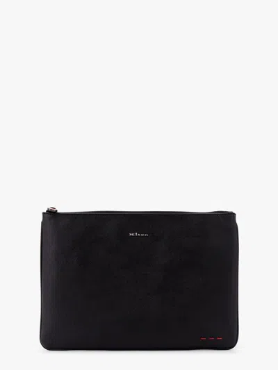 Kiton Ciro Paone Leather Clutch With Frontal Logo In Black