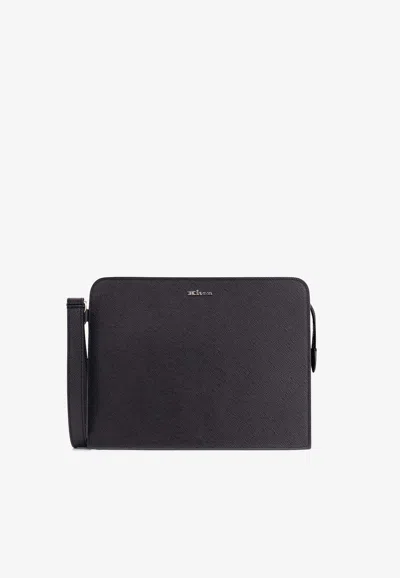 Kiton Ciro Paone Logo Lettering Leather Clutch In Black