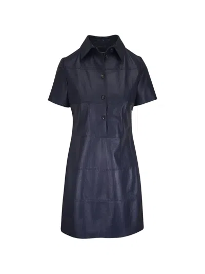 Kiton Collared Leather Dress In Blue