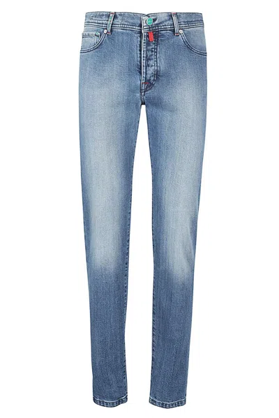 Kiton Contrast Stitched Skinny Fit Jeans In Blue