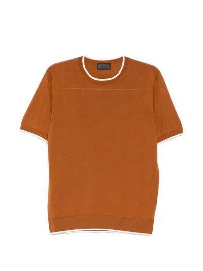 Kiton Contrast-trim Fine-knit T-shirt In Brown