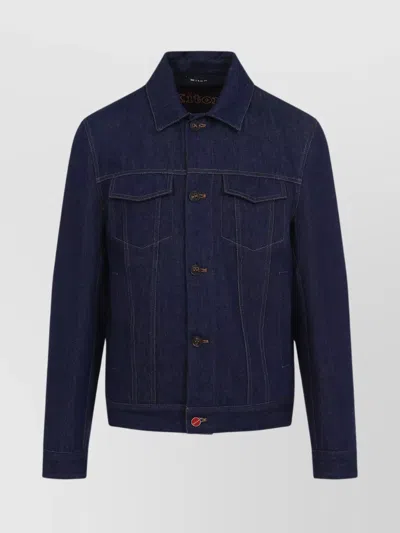 Kiton Cotton Jacket With Pointed Collar And Chest Pockets In Blue
