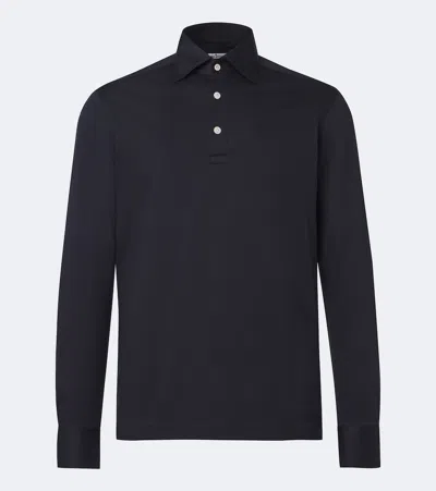 Kiton Positano Cotton Knit Long-sleevepolo Shirt In Black