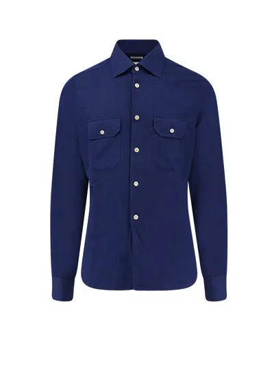 Kiton Cotton Shirt With Stitched Profiles In Blue