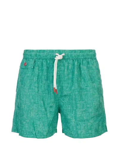 Kiton Crosshatch-texture Drawstring Swim Shorts In Green