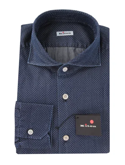 Pre-owned Kiton Dark Blue Polka Dot Cotton Shirt - Slim - (kt11142319)