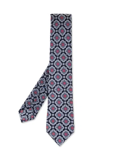 Kiton Dark Blue Tie With Light Blue Majolica Pattern