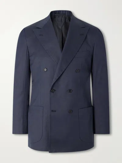 Kiton Double-breasted Cotton-twill Blazer In Blue