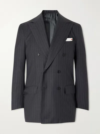 Kiton Double-breasted Pinstriped Wool Suit Jacket In Gray