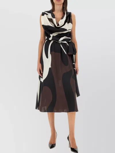Kiton Draped Neckline Midi Dress With Abstract Pattern In Brown