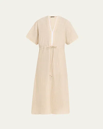 Kiton Drawstring Metallic Check Linen Midi Dress In Yellow