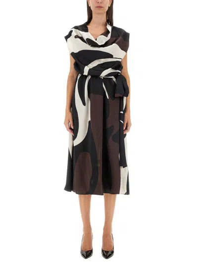 Kiton Draped Neckline Midi Dress With Abstract Pattern In Brown