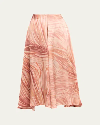 Kiton Feather-print Silk A-line Midi Skirt In Pink