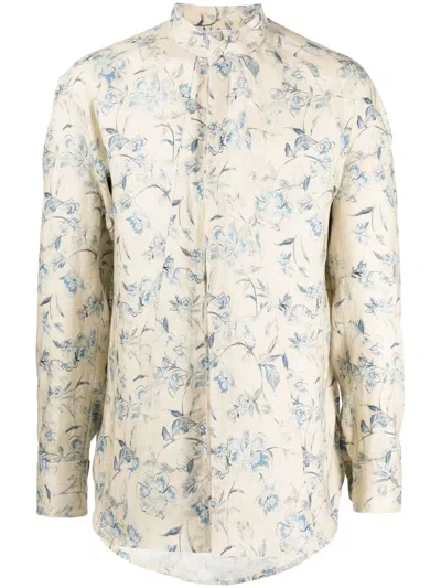Kiton Floral-print Linen Shirt In Neutral
