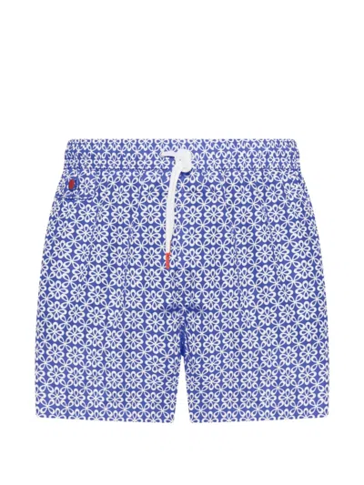 Kiton Swimsuit In Technical Fabric With All-over Floral Pattern In Blue